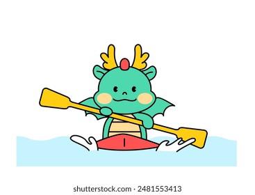 Dragon Character riding a canoe. outline vector illustration.