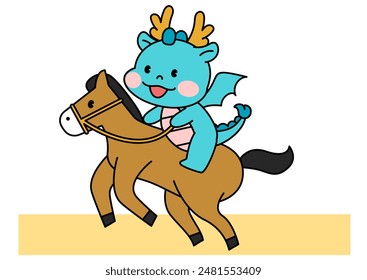 Dragon Character Riding a Horse (Equestrian). outline vector illustration.