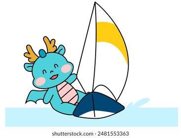 Dragon Character Sailing a Yacht. outline vector illustration.