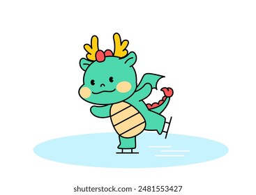 Dragon Character skating on ice. Figure skating. outline vector illustration.