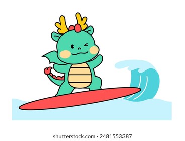 Dragon Character Surfing. outline vector illustration.