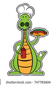 a dragon in a chef's hat, green lizard eats hot dog, vector image, flat design, a colorful sticker, outline style