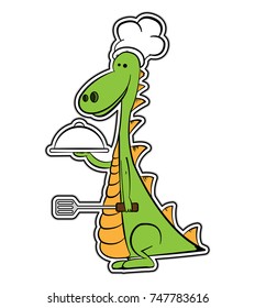 a dragon in a chef's hat, a green lizard carries a large dish, a vector image, a flat design, a colorful sticker,outline style