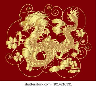 Dragon and cherry blossom on could background.Chinese Dragon for new year,colorful Japanese dragon with flower for tattoo style.