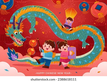 Dragon and children with lanterns celebrating CNY on red background with fireworks and confetti.