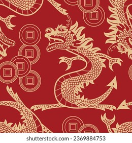 Dragon with Chinese Coins of Happiness seeamless pattern on red background. Chinese New Year illustration.