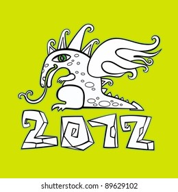 Dragon, Chinese New Year 2012. Cute Colorful holiday dragon throwing flames of fire, beautiful wings and texture. Stone vector letters