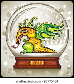 Dragon, Chinese New Year 2012, inside of the snow-dome or magical crystal ball. Cute  Happy New Year greeting card