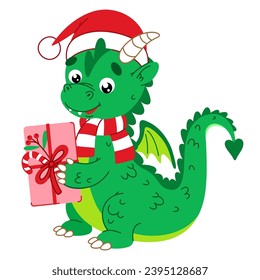 Dragon of the Chinese New Year 2024. Cute dragon with a gift in paws and in red Christmas hat of Santa in cartoon flat style. Isolated vector illustration. Perfect for winter holiday design.