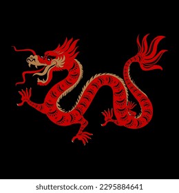 Dragon, Chinese New Year 2024,Traditional Chines Zodiac Red and Gold Dragon Character on black Background,Vector elements for invitation card, Poster, Banner background