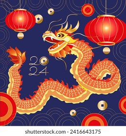 Dragon Chinese New Year with light and gold coins on blue background, isolated, vector illustration