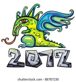 Dragon, Chinese New Year symbol 2012. Cute Colorful holiday dragon throwing flames of fire, beautiful wings and texture. Stone vector letters