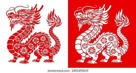 Dragón, símbolo zodiaco chino del nuevo 2024 año al estilo chino, o estilo de corte de papel. La silueta está aislada en tonos blancos y rojos. Decorado con estampado floral tradicional. Ilustración del vector