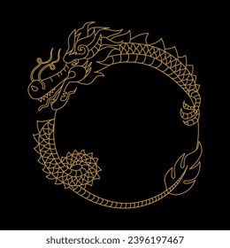 Dragon with circle frame, hand drawn vector illustration. Chinese New Year of the Dragon. Mythological creatures. Sign of the Zodiac.