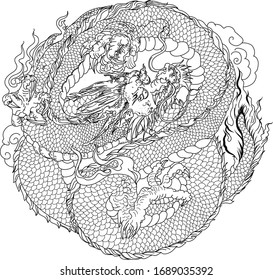  dragon in circle tattoo.infinity chinese dragon.Traditional Japanese dragon isolate on white background.
