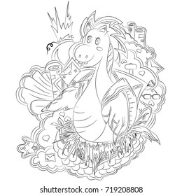 Dragon in the clouds. Vector illustration, black contour on white background, hand-drawn