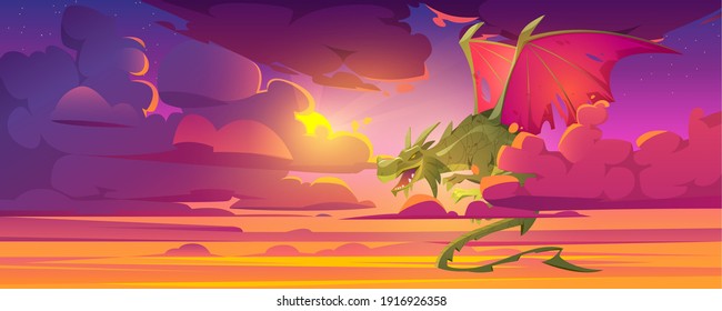 Dragon in cloudy sky, fantastic character, magic creature flying in dusk heaven with beautiful purple clouds, Fairytale animal, fantasy book or computer game personage, Cartoon vector illustration