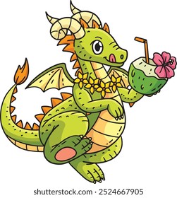 Dragon with Coconut Drink Cartoon Colored Clipart