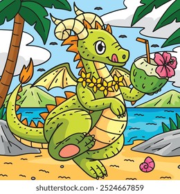 Dragon with a Coconut Drink Colored Cartoon 