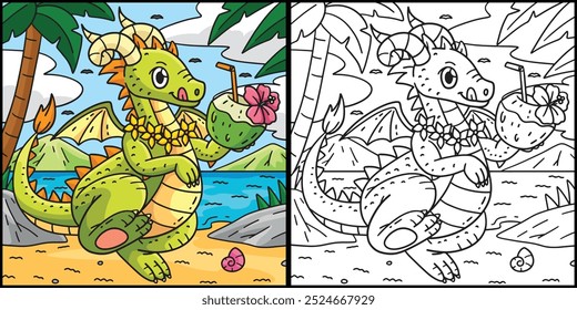 Dragon with Coconut Drink Coloring Illustration