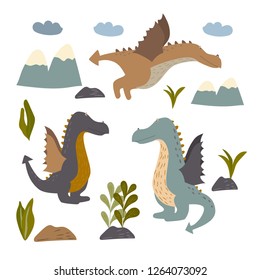 Dragon color hand drawn vector character. Isolated cartoon illustration for kids game, book - Vector. Cute dino clipart with leaves, stars and mountains