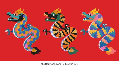 Dragon with colorful scales pattern CNY element set isolated on vibrant red background.