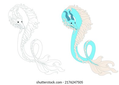 Dragon coloring book. Cartoon animal. A set of cliparts for a children's poster, a print on a T-shirt, children's clothing, a greeting card, labels, stripes or stickers. Vector illustration.