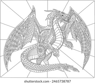 Dragon coloring book page for kids and adults.