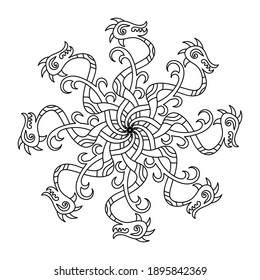 Drachenfarbenbuch, Vektorgrafik. Handgezeichnete Farbseite für Erwachsene. Schwarz-Weiß-Linien. Runde Tierschmuck mit mittelalterlichen Drachen.