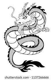 Dragon coloring, decorative outline black and white drawing, print, tattoo sketch, silhouette. Hand drawing snake with patterns and many detailed isolated on white background. Vector illustration