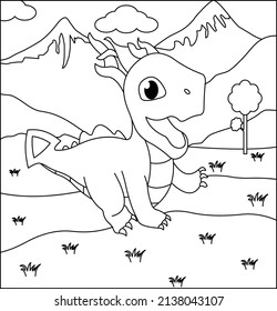 (Dragon Coloring Page: 21) Cute Dragon with nature, green grass, trees on background, vector black and white coloring page.