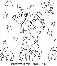 (Página Colorante de dragones: 24) Dragón Cute con naturaleza, hierba verde, árboles en el fondo, página vectorial de color negro y blanco.