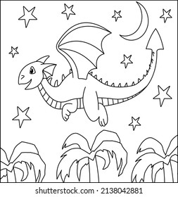 (Dragon Coloring Page: 28) Cute Dragon with nature, green grass, trees on background, vector black and white coloring page.