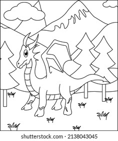 (Página Colorante de dragones: 29) Dragón Cute con naturaleza, hierba verde, árboles en el fondo, página vectorial de color negro y blanco.