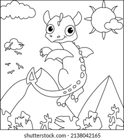 (Dragon Coloring Page: 7) Cute Dragon with nature, green grass, trees on background, vector black and white coloring page.