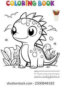 Dragon coloring page for children. Vector illustration. Home activity for kids