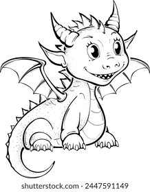 Dragon coloring page for kids . Vector illustration, cute little dragon lies on a clearing, book coloring.