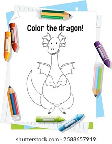 A dragon coloring page with vibrant crayons