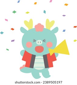 A dragon in a confetti holding a megaphone and wearing a happi coat