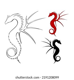 Dragon contour and silhouette dark black and red, hand drawn set art. Vector illustration