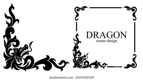 Dragon corner design with ornament. Vector black and white ornamental dragon design element. Decorative corner design. 