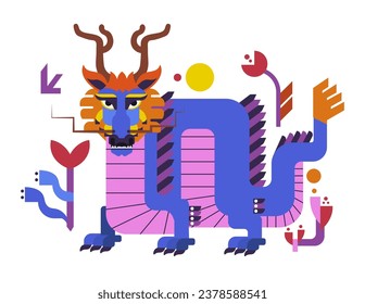 Dragon creature, isolated Chinese mythological being or beast with horns and long tail. Reptile with scale and craws. Mascot or symbol of power and luck in China. Vector in flat style illustration