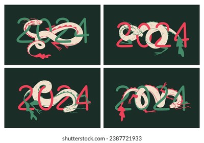 Dragon curls around number 2024. Symbol of 2024 of the lunar calendar. Set of vector illustrations for design, greeting cards, calendars, social networks.