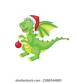 Dragon. Cute children s Christmas illustration with the image of a dragon in a Santa Claus hat with a Christmas tree toy in his hands. Cute Christmas dragon in cartoon style. A symbol of the new year