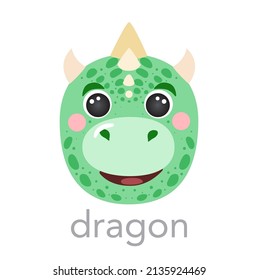 Dragon Cute Portrait With Name Text Smile Head Cartoon Dinosaur Round Shape Animal Face, Isolated Vector Icon Illustrations On White Background. Flat Simple Avatar For Kids Poster UI , T-shirts, Baby