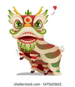 Dragon Dance Chinese New Year. Lion Dance Procession Dancing And Smiling. Cartoon Lucky Signs. Vector Illustration Isolated On A White. Background.