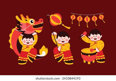 Danza del dragón, elementos chinos del año nuevo de estilo geométrico minimalista moderno. Ilustración colorida en estilo de dibujos animados de vector plano. Niño chino con traje de dragón con fondo rojo aislado.