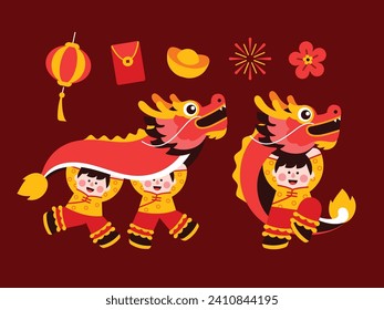 Dragon dance, chinese new year elements in modern minimalist geometric style. Colorful illustration in flat vector cartoon style. Cute chinese boy in dragon costume on red isolated background.