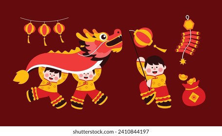 Danza del dragón, elementos chinos del año nuevo de estilo geométrico minimalista moderno. Ilustración colorida en estilo de dibujos animados de vector plano. Niño chino con traje de dragón con fondo rojo aislado.