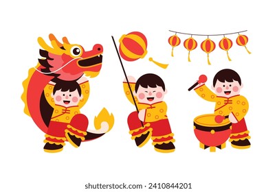 Dragon dance, chinese new year elements in modern minimalist geometric style. Colorful illustration in flat vector cartoon style. Cute chinese boy in dragon costume on white isolated background.